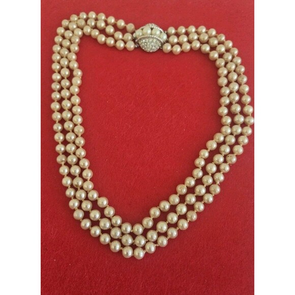 Vintage Marbella 3-Strand Glass Faux Pearl Necklace with Clear Rhinestone Clasp - Picture 9 of 12